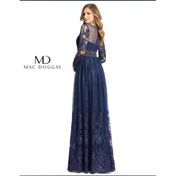 MAC DUGGAL Size 12 Navy 66591 Long Sleeve Floral Illusion Beaded Gown Dress $798 - Picture 3 of 16